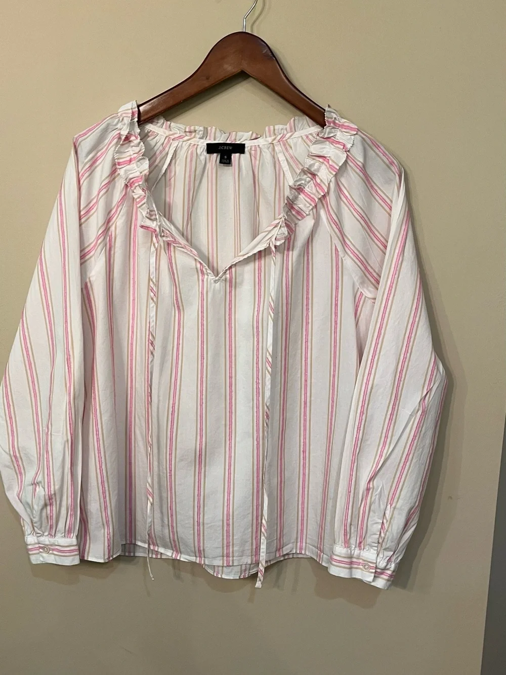 J Crew striped ruffle neck cotton long sleeve blouse split v-neck pink white S